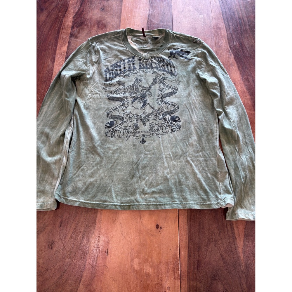PARASUCO Denim Legend shirt mens M olive green skeleton rock long sleeve v-neck
